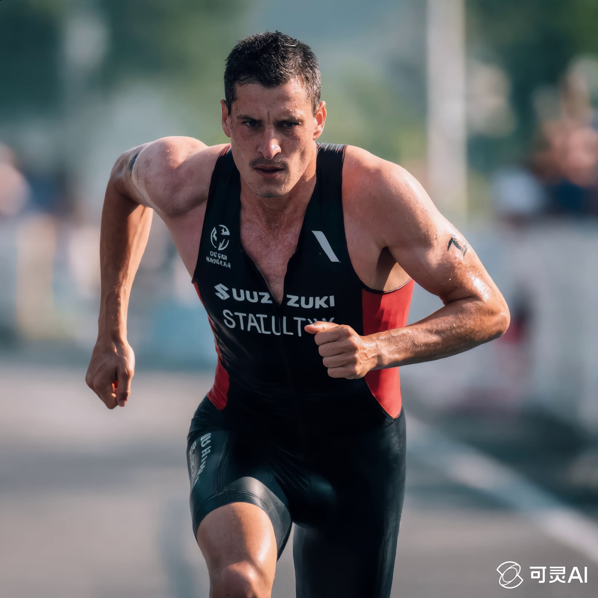 Triathlete exiting water
